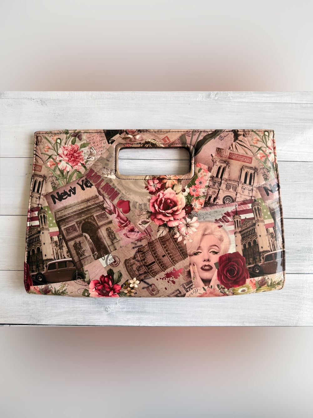 Vintage-Style Marilyn Monroe & Paris Collage Top-Handle Clutch Purse